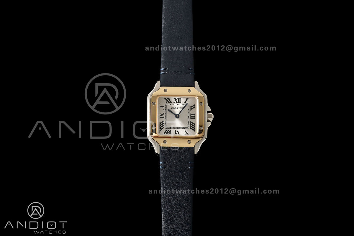 Santos De Cartier DRF 27mm SS/LE Silver Dial YG Bezel Leather Strap Quartz